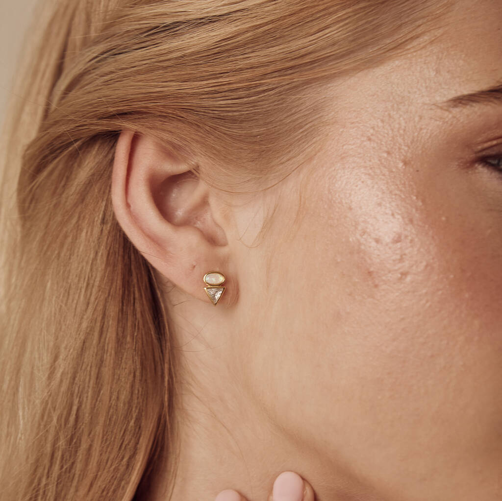Gold Opal And Diamante Triangle Studs