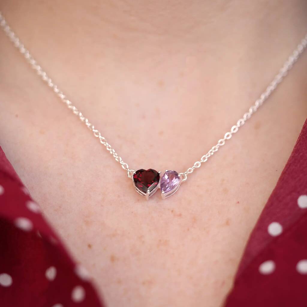 Silver Garnet And Light Amethyst Heart And Drop Necklace
