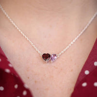 Silver Garnet And Light Amethyst Heart And Drop Necklace