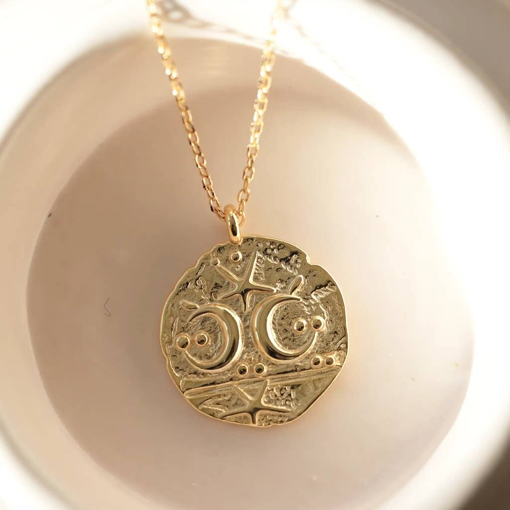 Crescent Moon And Stars Disc Necklace