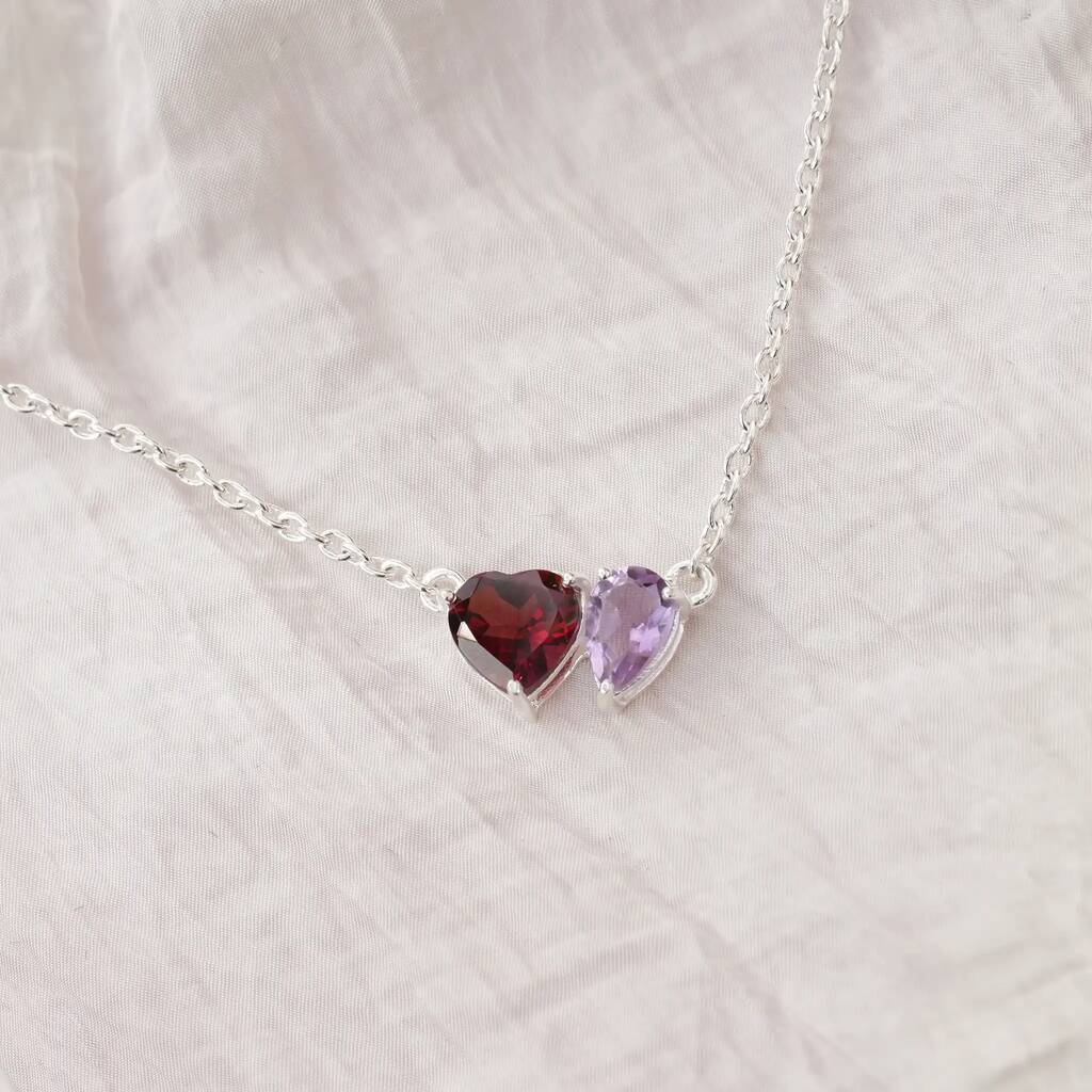 Silver Garnet And Light Amethyst Heart And Drop Necklace