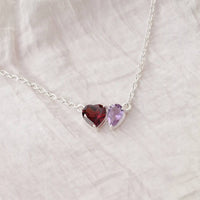 Silver Garnet And Light Amethyst Heart And Drop Necklace