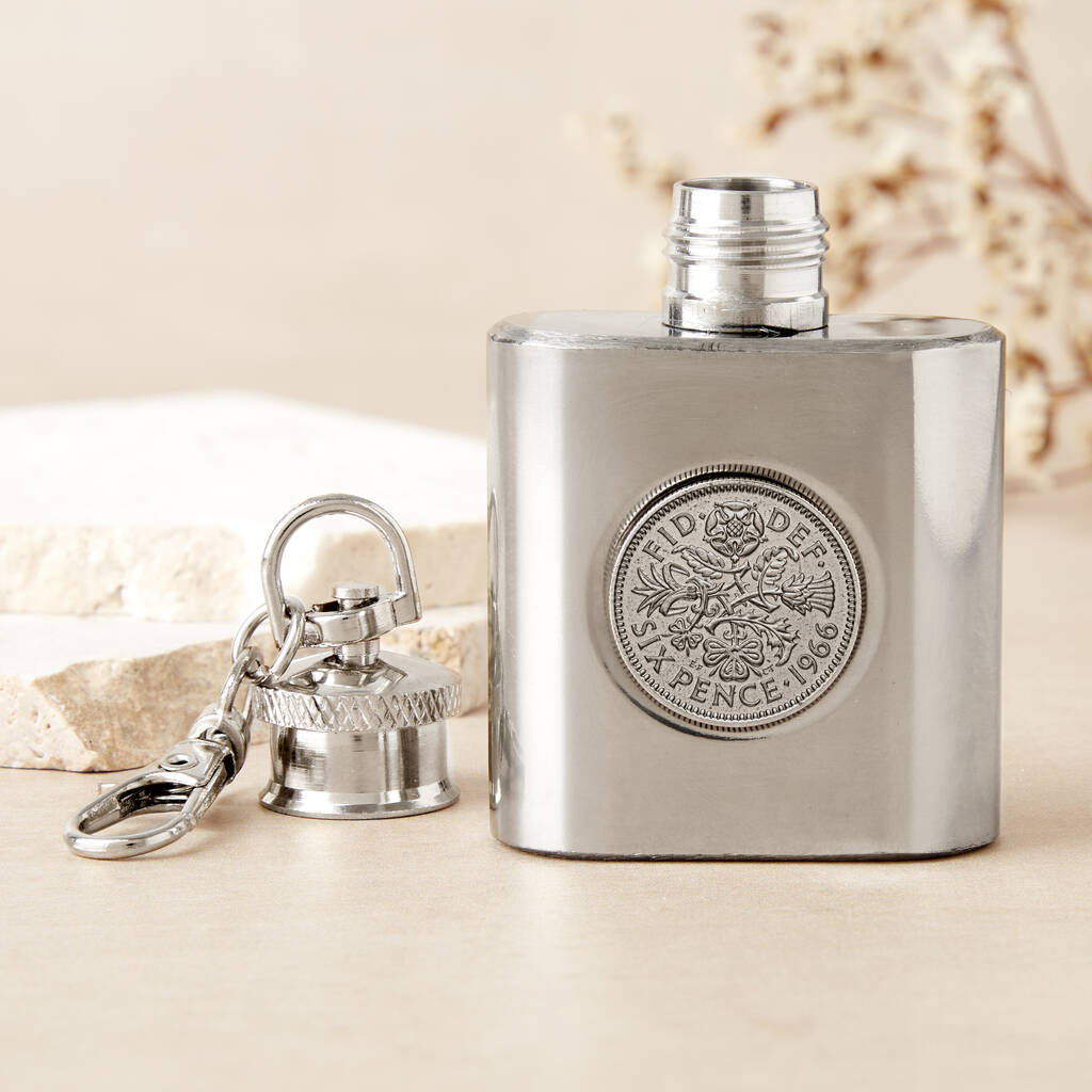 60th Birthday 1965 Or 1966 Sixpence Mini Hipflask Keyring