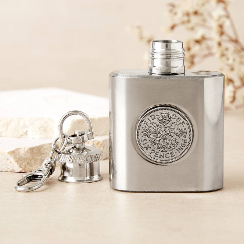 60th Birthday 1965 Or 1966 Sixpence Mini Hipflask Keyring
