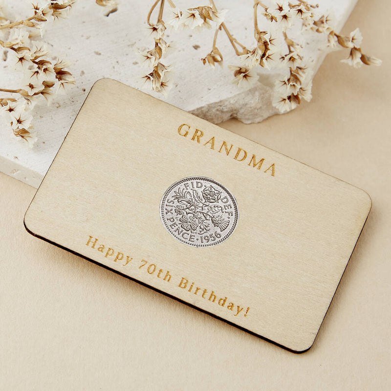 70th Birthday 1955 Or 1956 Sixpence Personalised Wallet Card
