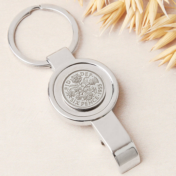 70th Birthday 1955 Sixpence Bottle Opener Keyring