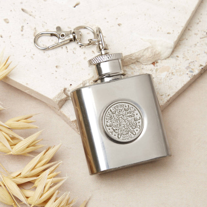 90th Birthday 1935 Or 1936 Sixpence Mini Hipflask Keyring