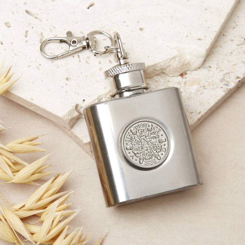 90th Birthday 1935 Or 1936 Sixpence Mini Hipflask Keyring