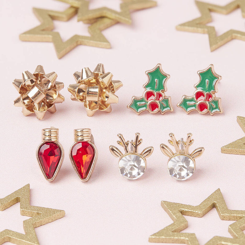 Bows and Lights Gold Plated Christmas Earring Set