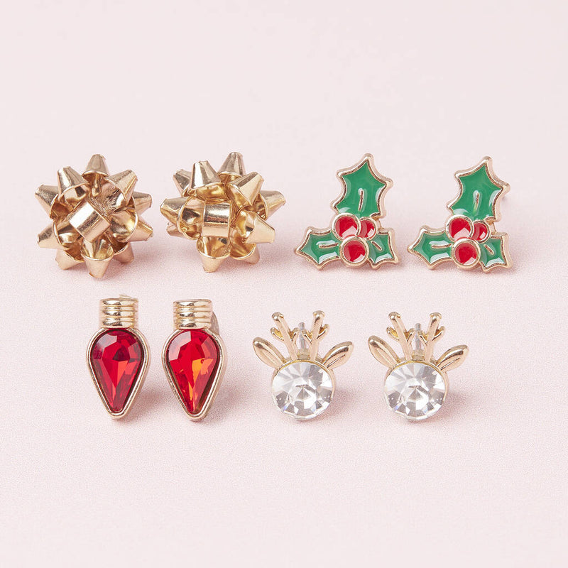 Bows and Lights Gold Plated Christmas Earring Set