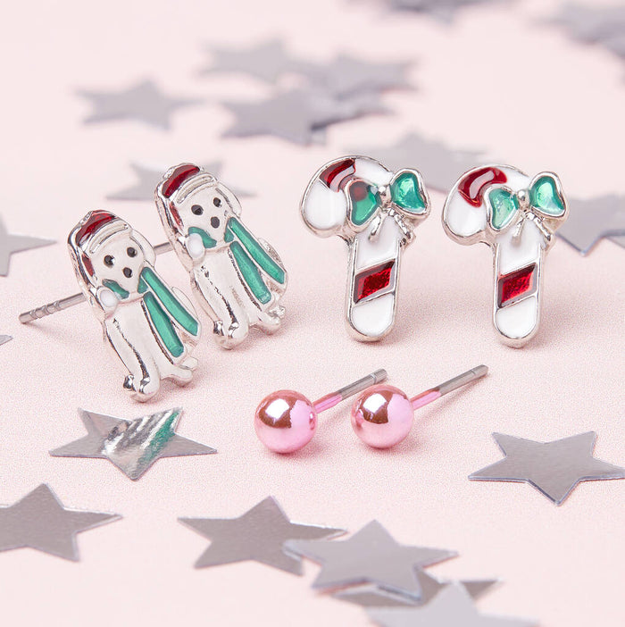 Cute Candy Canes Silver Plated Christmas Earring Set