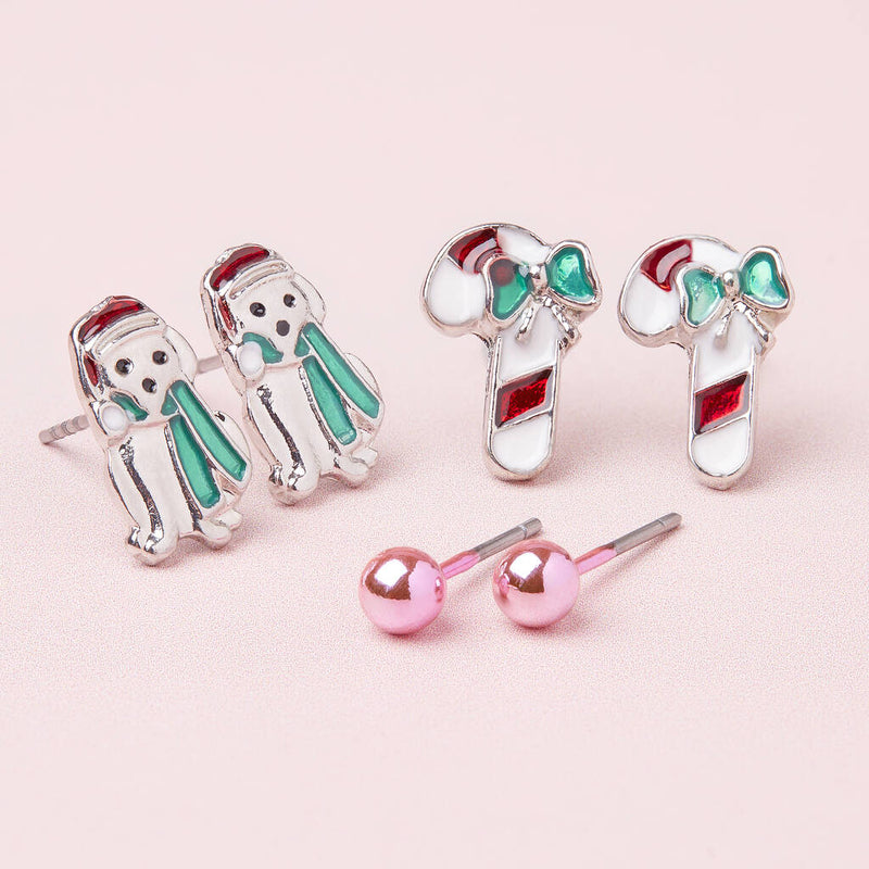 Cute Candy Canes Silver Plated Christmas Earring Set