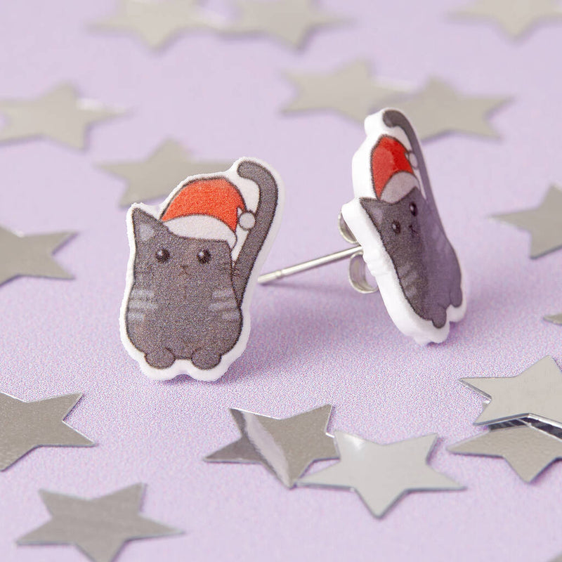 Festive Cat Resin Christmas Earrings