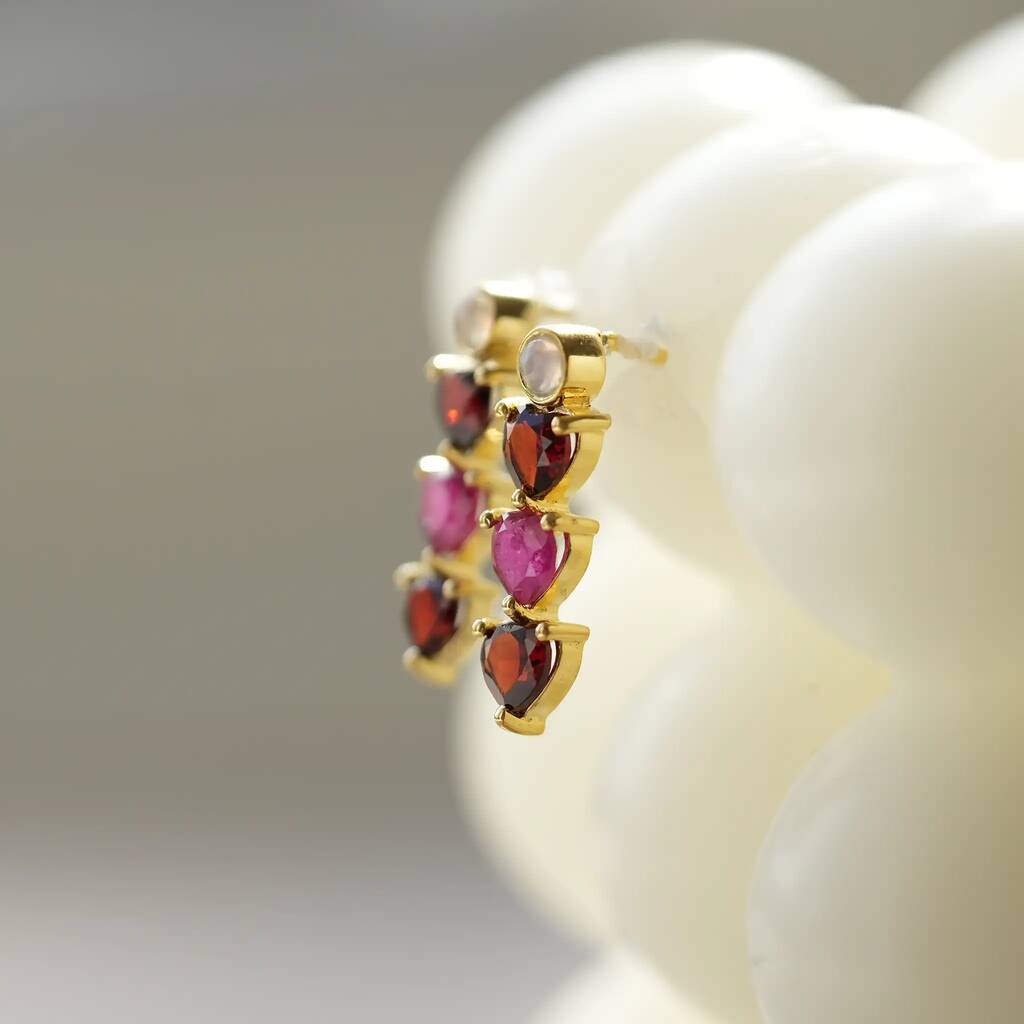 Gold Garnet And Ruby Heart Drop Studs