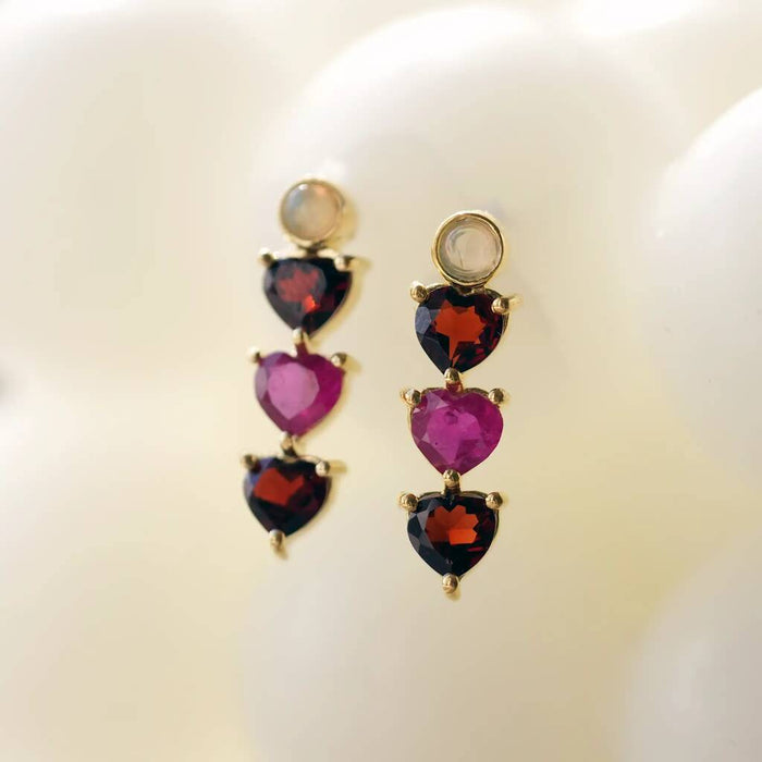 Gold Garnet And Ruby Heart Drop Studs