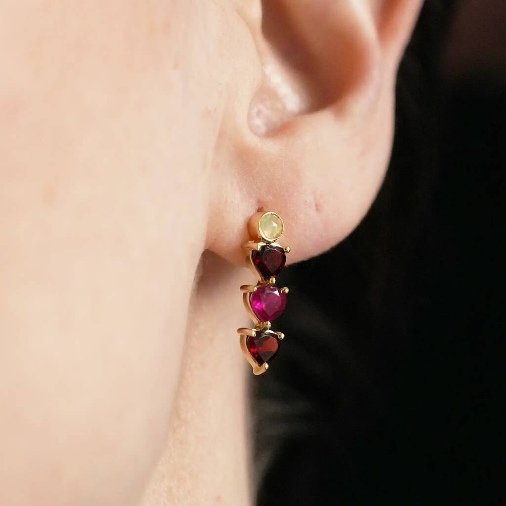 Gold Garnet And Ruby Heart Drop Studs