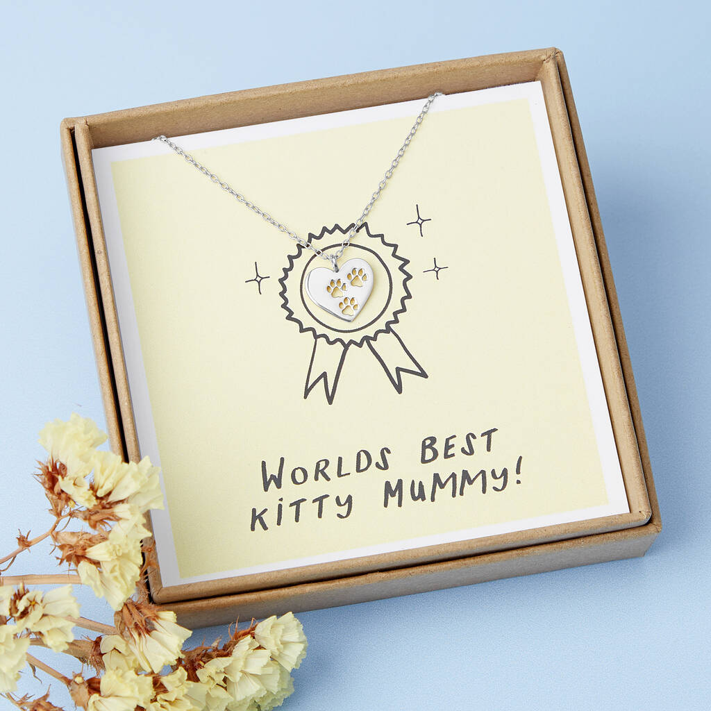 Worlds Best Kitty Mummy Heart Paw Print Silver Necklace