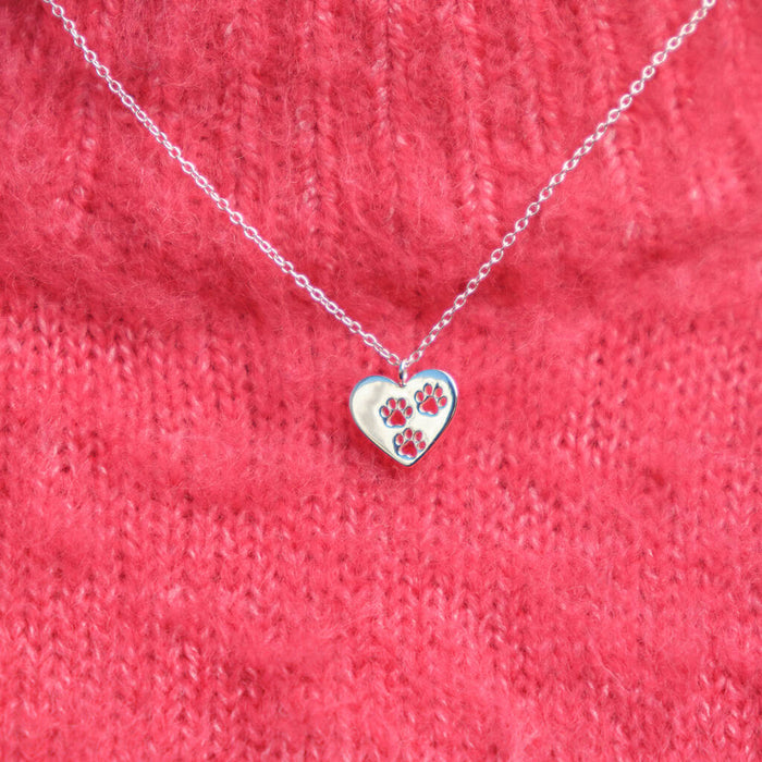 Heart Paw Print Silver Necklace