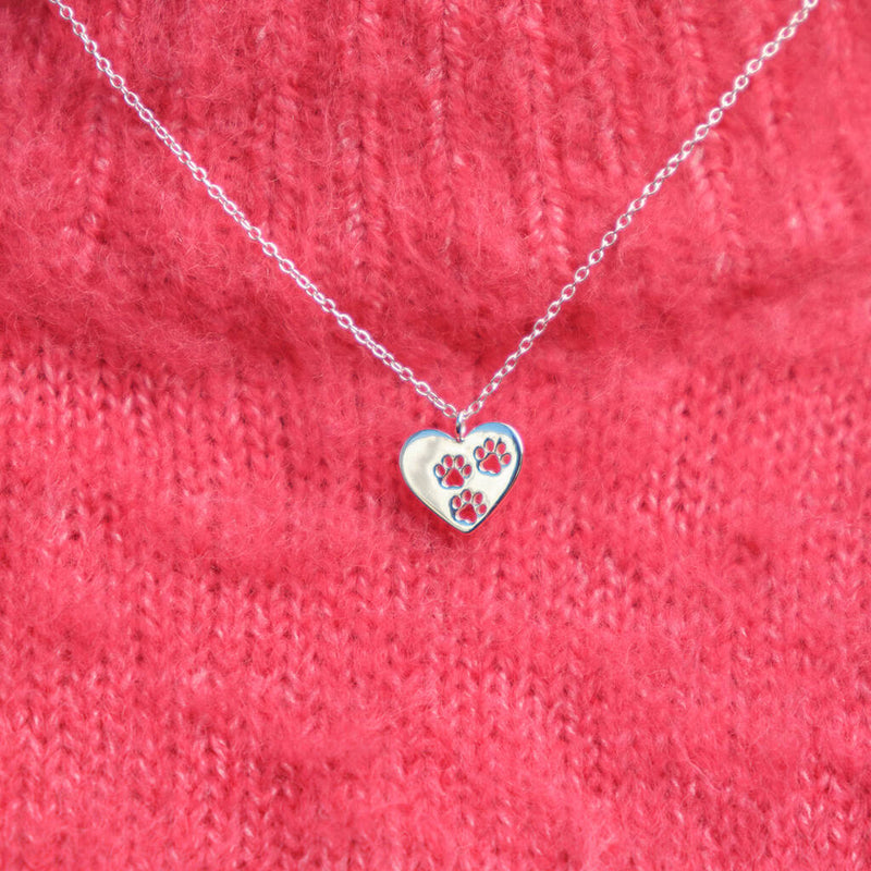Heart Paw Print Silver Necklace