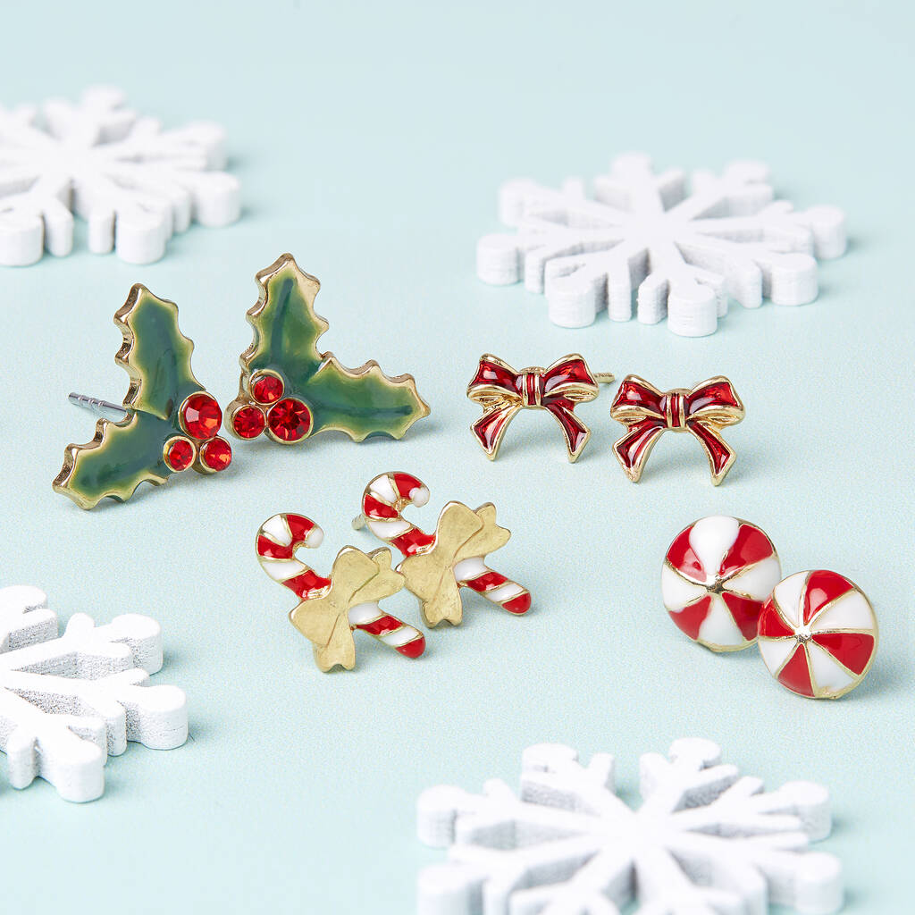 Holly And Peppermint Gold Plated Christmas Earring Set