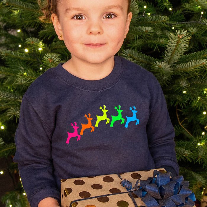 Neon Rainbow Reindeers Kids Christmas Sweatshirt Jumper
