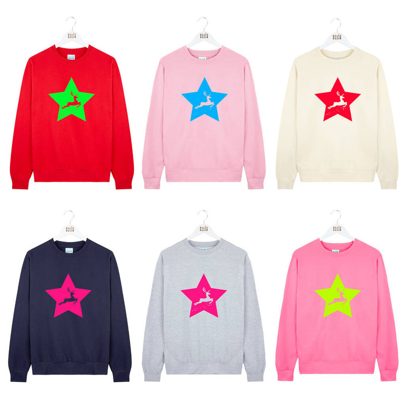 Neon Star Reindeer Christmas Jumper Sweatshirt