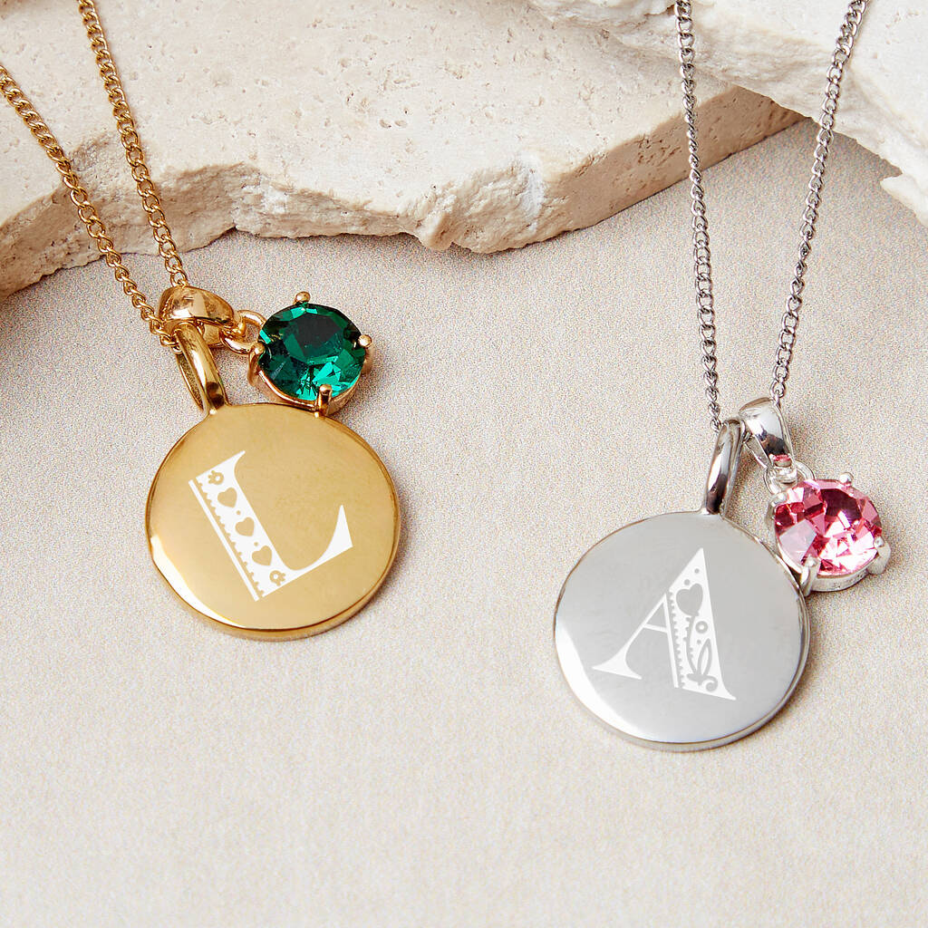 Personalised Folk Initial And Birthstone Necklace