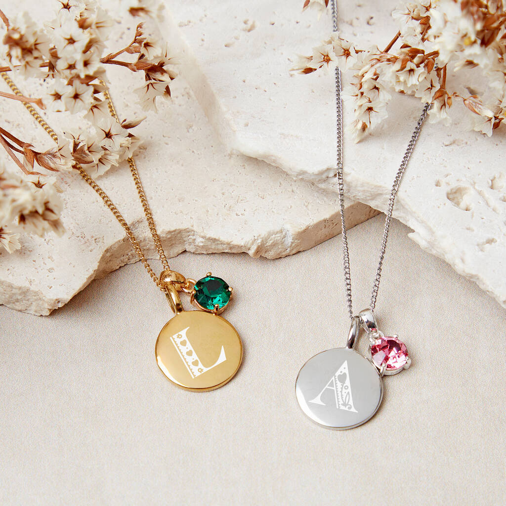Personalised Folk Initial And Birthstone Necklace