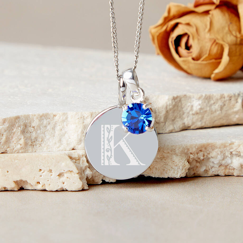 Personalised Folk Initial And Birthstone Necklace