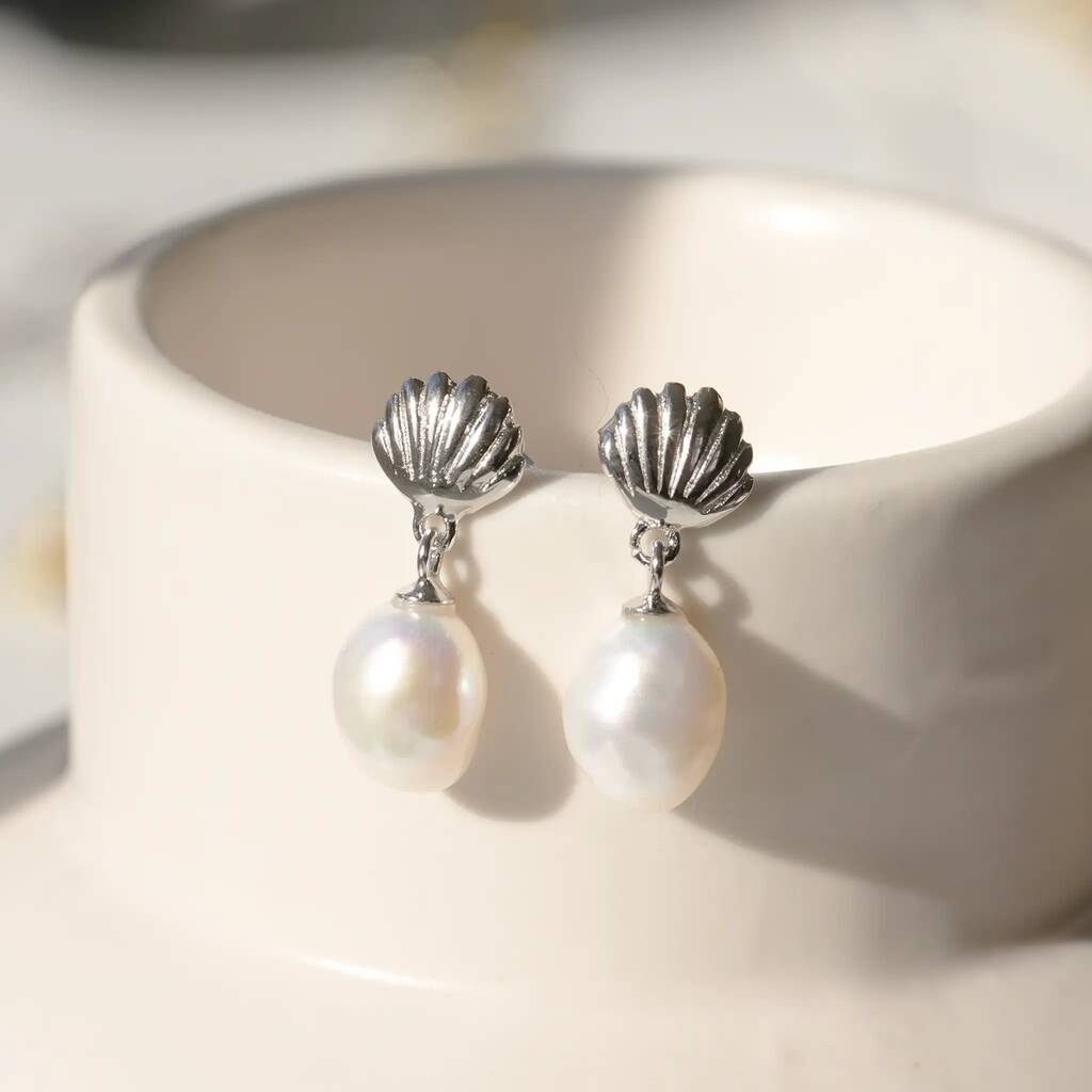 Silver Shell And Pearl Drop Studs