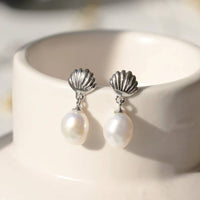 Silver Shell And Pearl Drop Studs