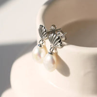 Silver Shell And Pearl Drop Studs