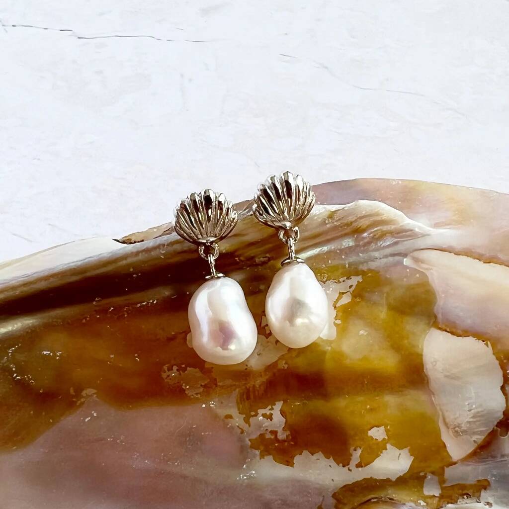 Silver Shell And Pearl Drop Studs