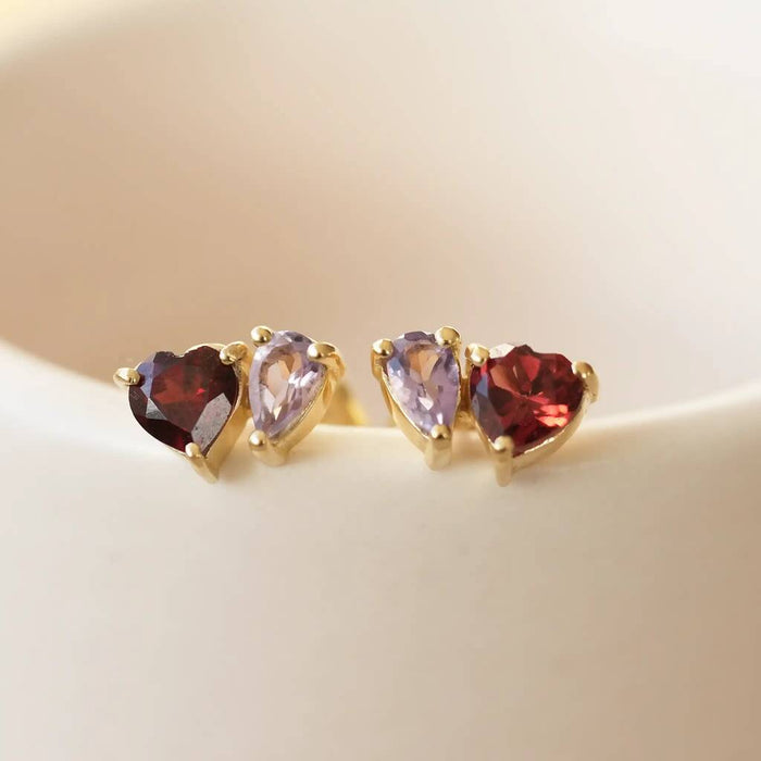 Gold Garnet And Light Amethyst Stud Earrings