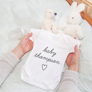 New Baby Personalised Surname Babygrow Vest