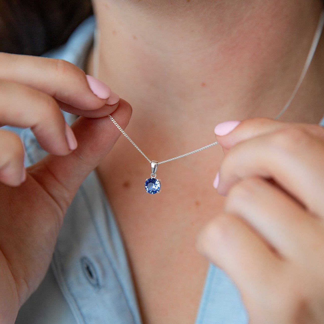 925 Sterling Silver Blue Sapphire Open Heart Pendant Necklace 18