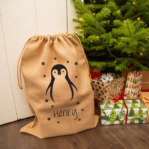 Personalised Christmas Penguin Hessian Sack