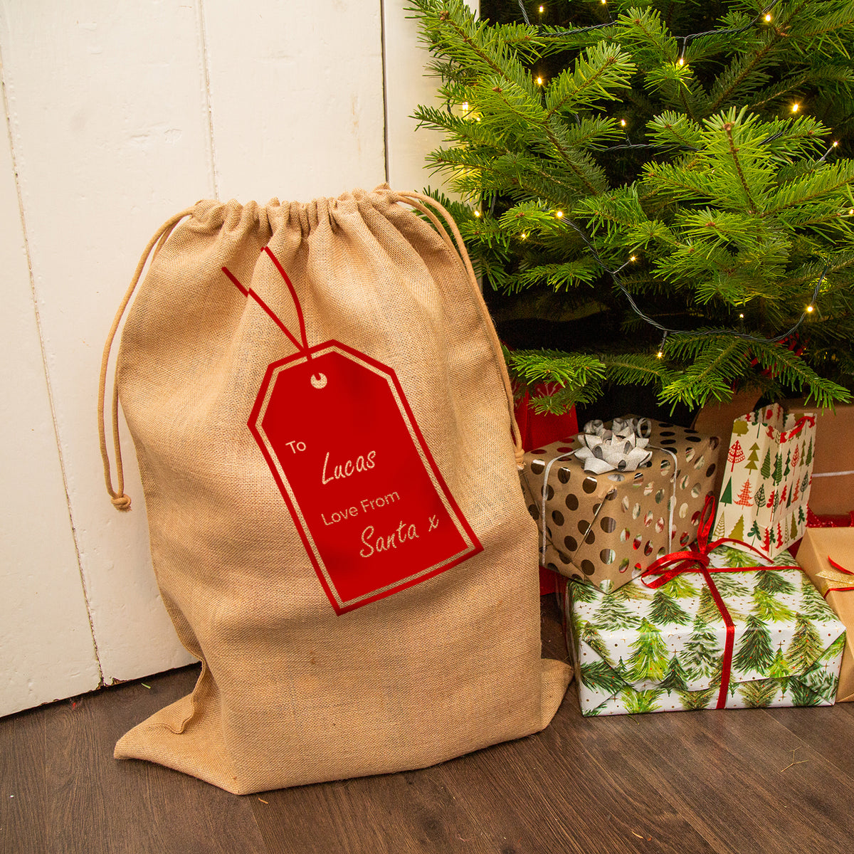 Personalised Swing Tag Christmas Santa Sack Hessian
