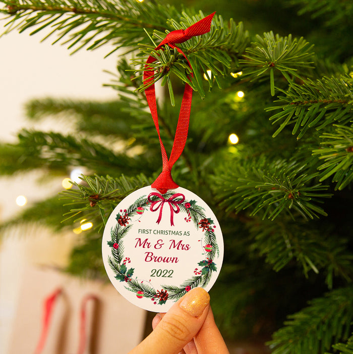 First Christmas As Mr And Mrs Personalised Ceramic Christmas Decoration Bauble