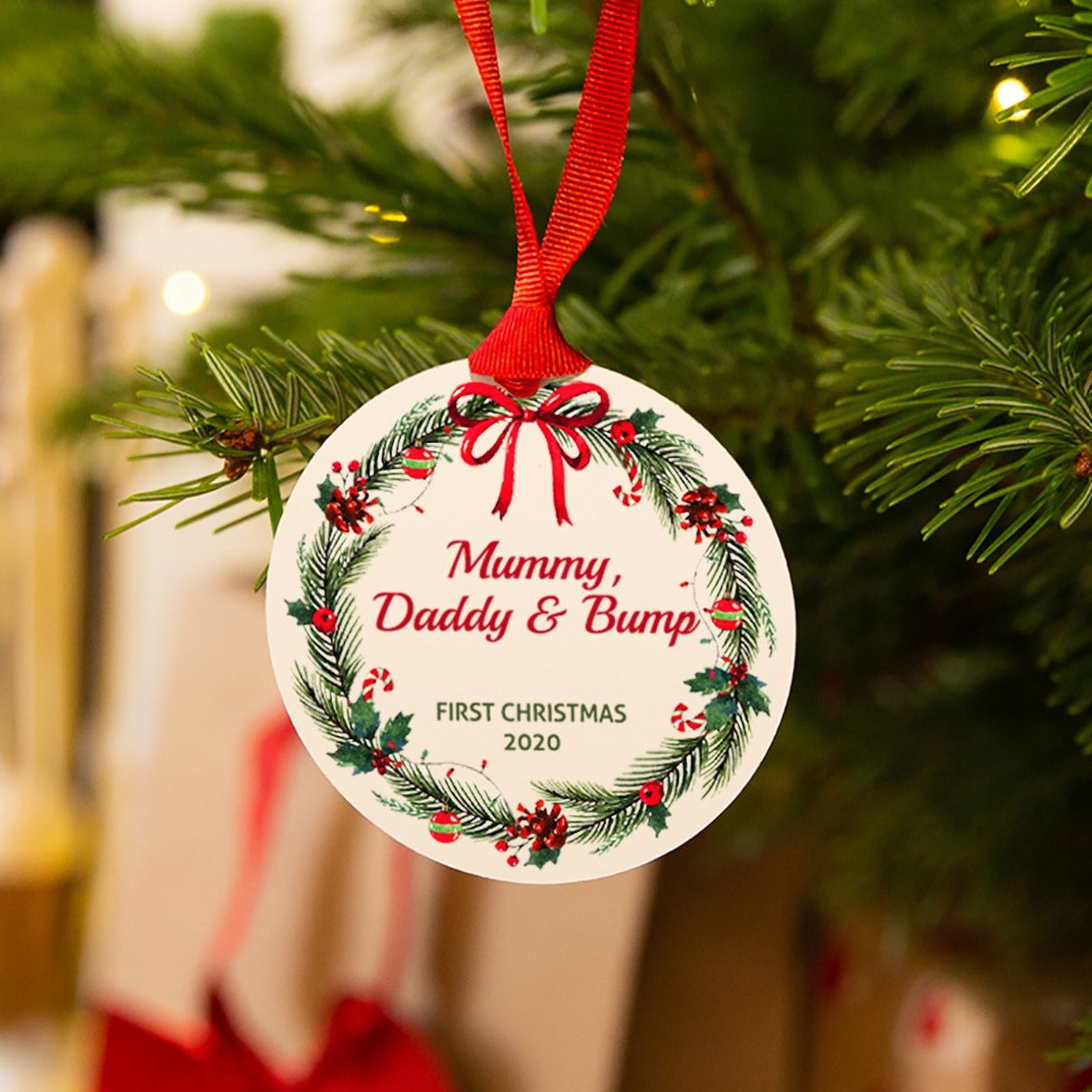 Mummy Daddy and Bump Personalised Ceramic Christmas Decoration