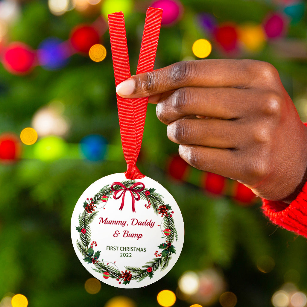 Mummy Daddy and Bump Personalised Ceramic Christmas Decoration