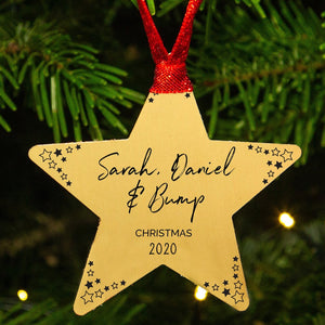 Personalised Mummy Daddy Bump Gold Star Christmas Decoration
