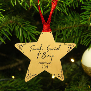 Personalised Mummy Daddy Bump Gold Star Christmas Decoration
