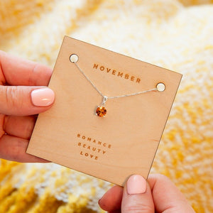 November Birthstone - Yellow Topaz Sterling Silver Crystal Necklace Characteristic Card
