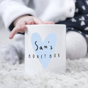 Children's Personalised Money Box Blue Heart