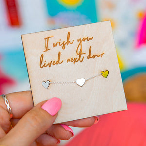 I wish you lived next door' sterling silver heart necklace card