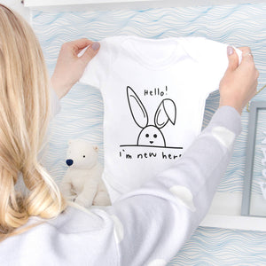 New Born 'Hello! I'm New Here' Rabbit Baby Grow