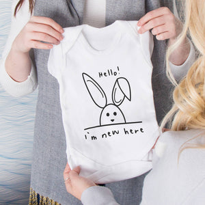 New Born 'Hello! I'm New Here' Rabbit Baby Grow