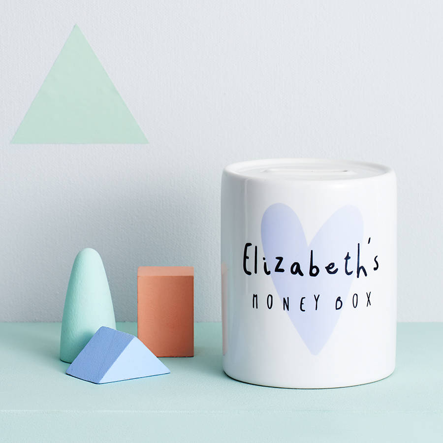Children's Personalised Money Box Blue Heart