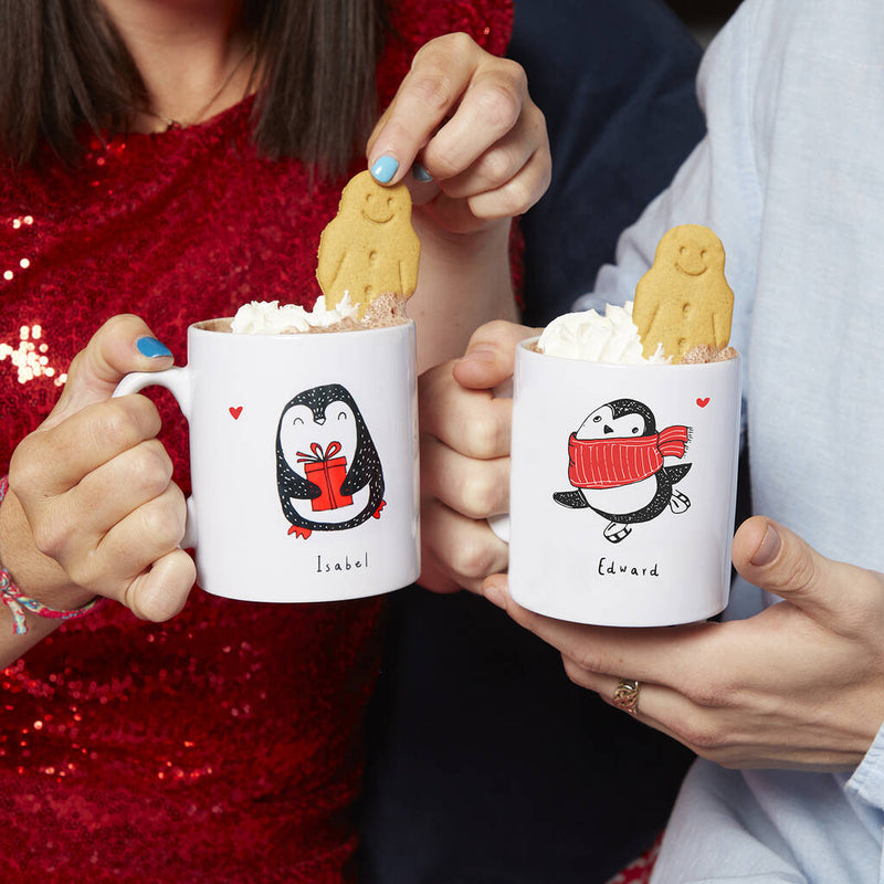 Personalised Illustrated Penguin Couples Christmas Mug Set